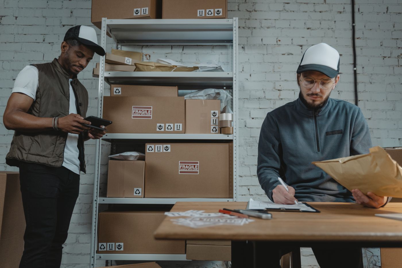 Two colleagues going through parcels at an operations desk